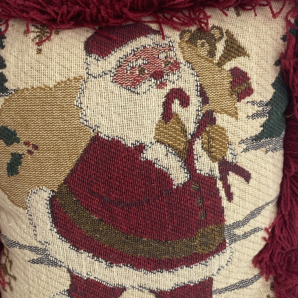 Riverdale Christmas Santa Claus Tapestry Throw Pillow Burgundy Fringe - Picture 4 of 6